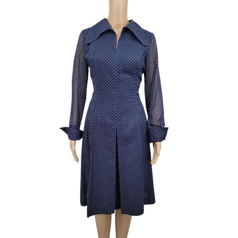 70s Vintage Navy Polka Dot Dress with Sheer Sleeves Pointed Collar Pleated Skirt